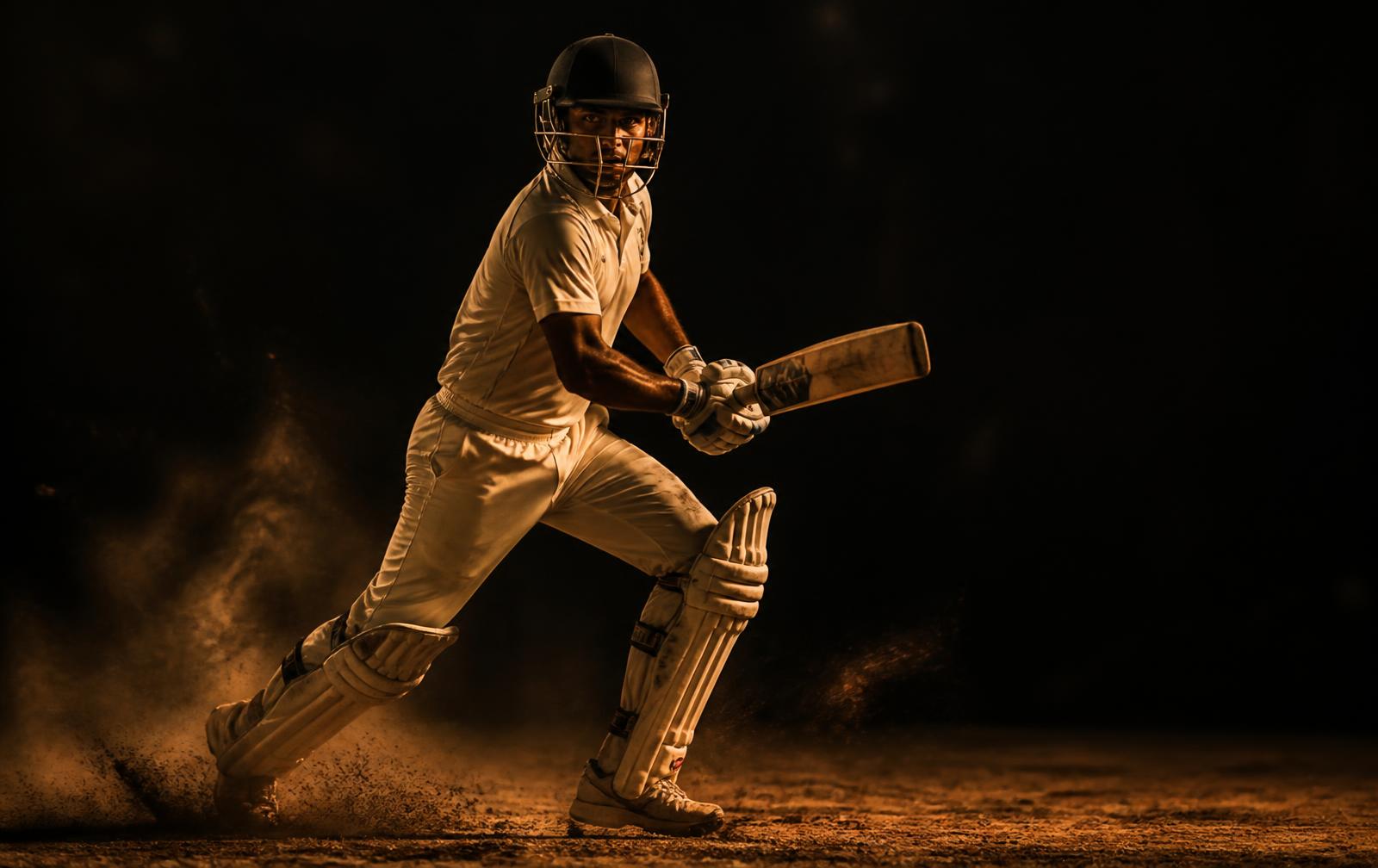 Cricketer driving through a shot in warm low light