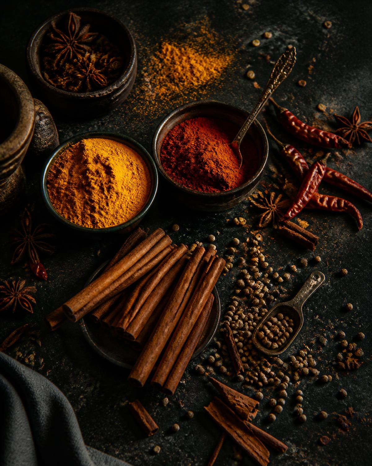Turmeric, cayenne and cinnamon on a dark surface